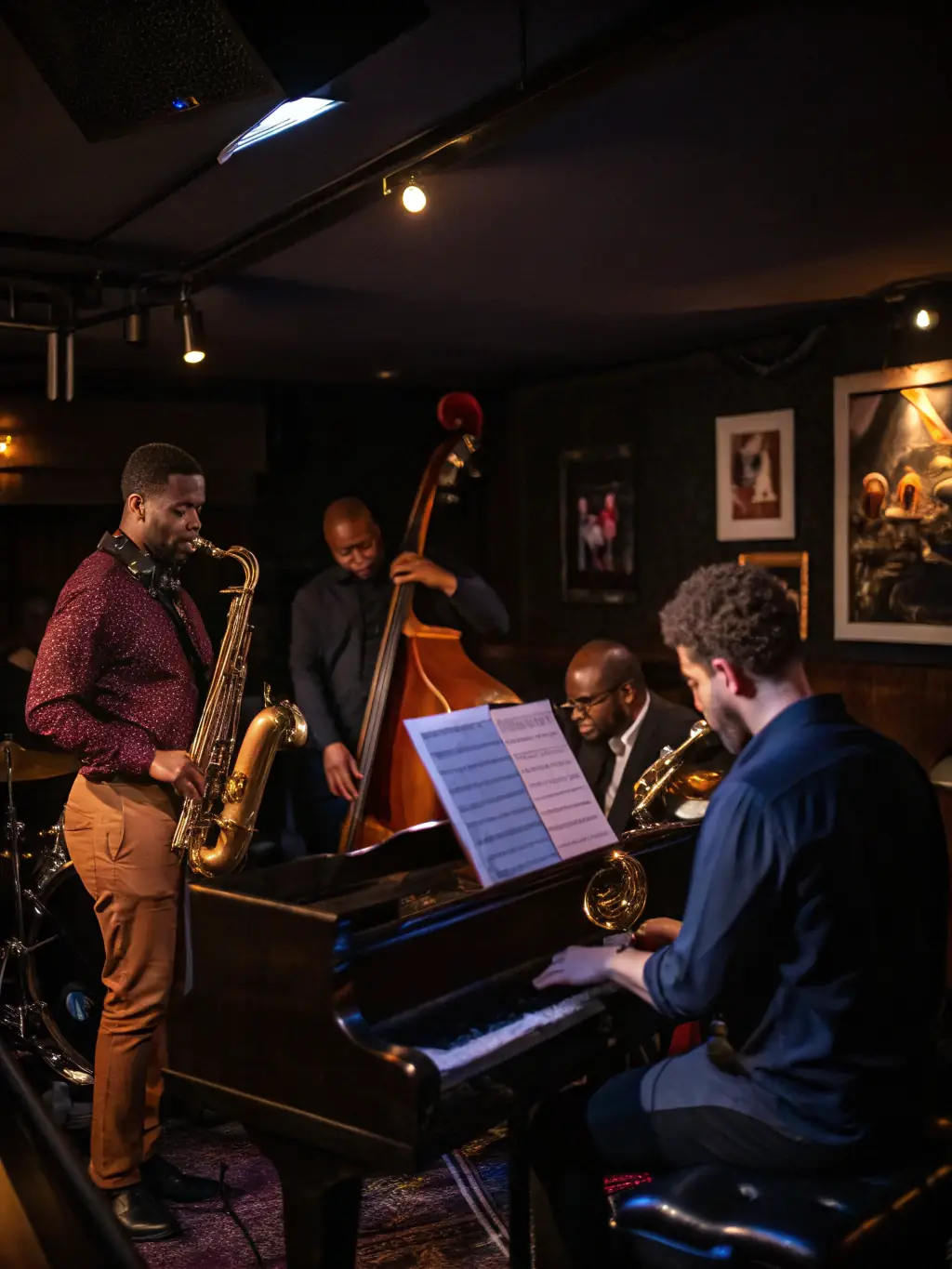 A group of young musicians participating in a jazz workshop, focusing on improvisation techniques, with a professional instructor guiding them.