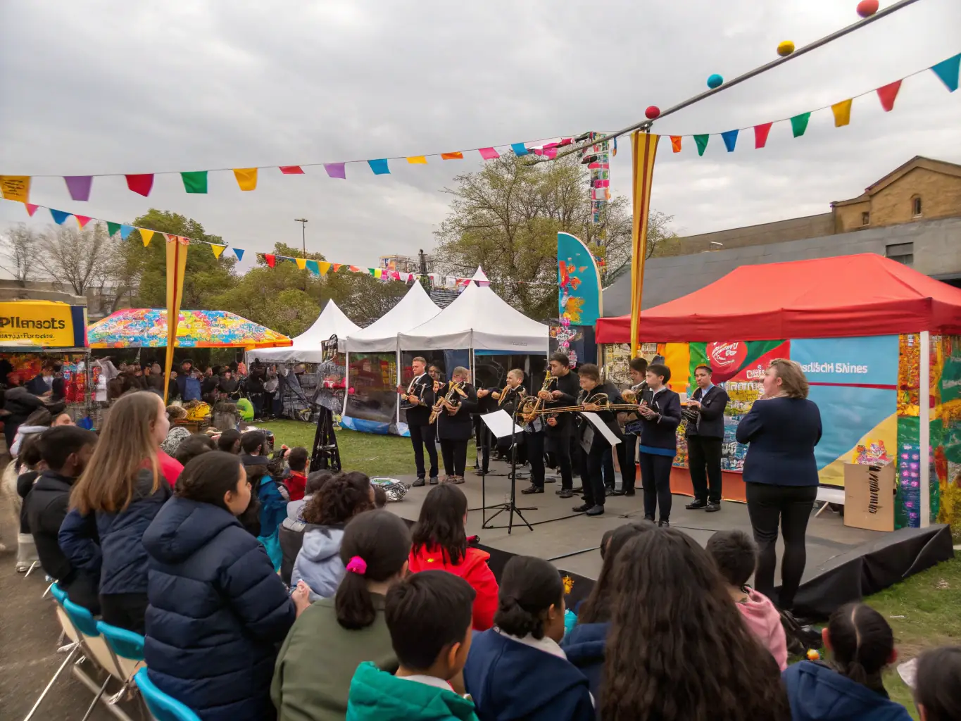 A vibrant image of a diverse group of community members participating in a lively outdoor music workshop, with instruments and smiling faces, representing the Community Music Programs.