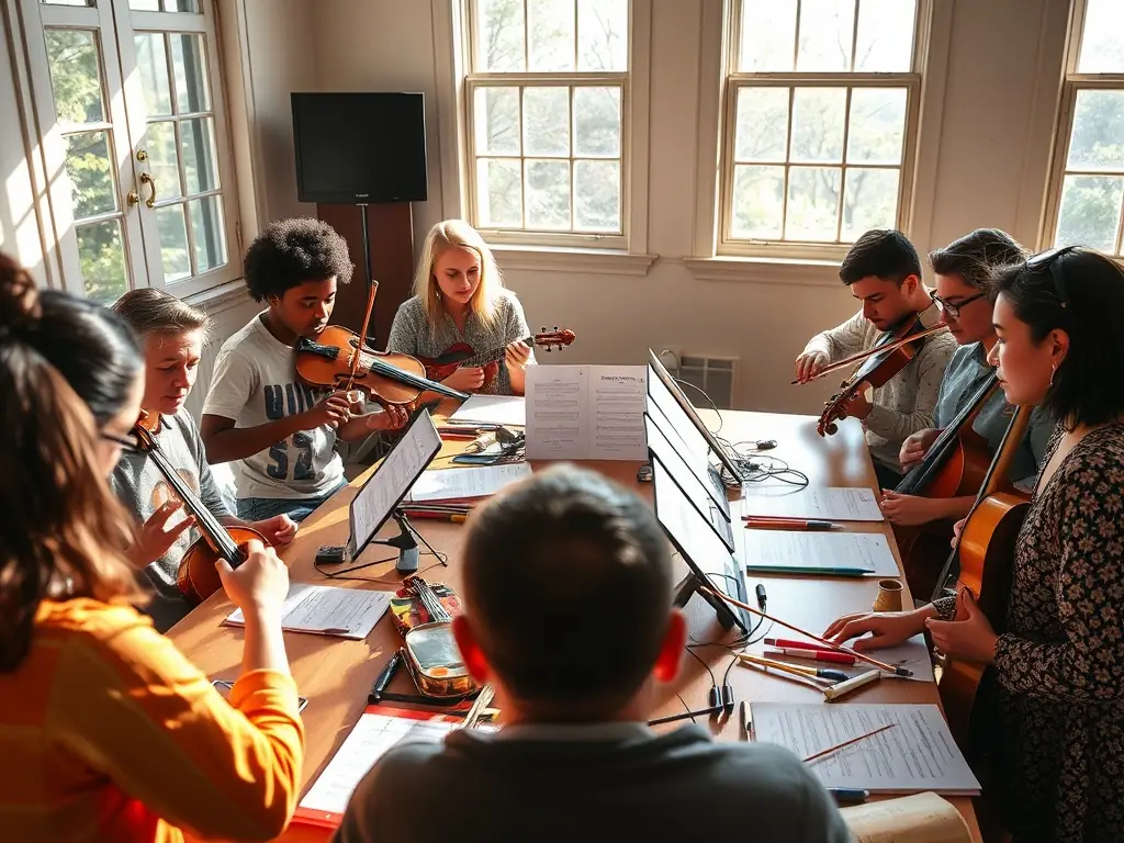 A photograph capturing a group of young musicians collaborating during a songwriting workshop, showcasing the organization's commitment to creative development.