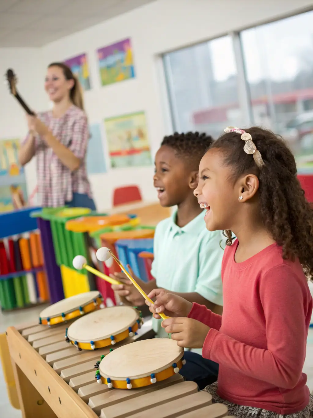 Children learning to play various musical instruments during a summer music camp, with instructors providing personalized guidance.