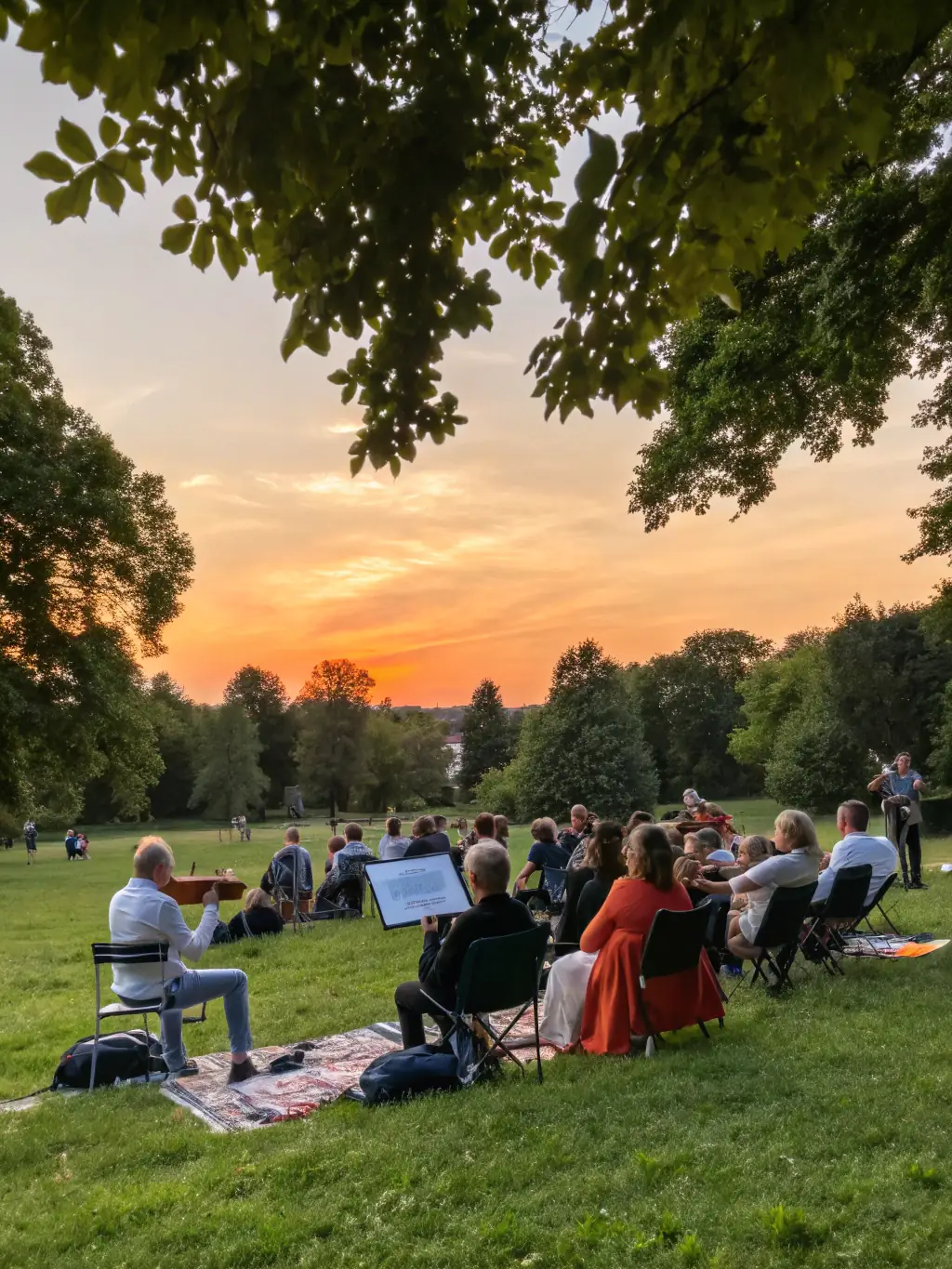 A diverse group of community members attending a classical music concert in a local park, enjoying the performance under the open sky.